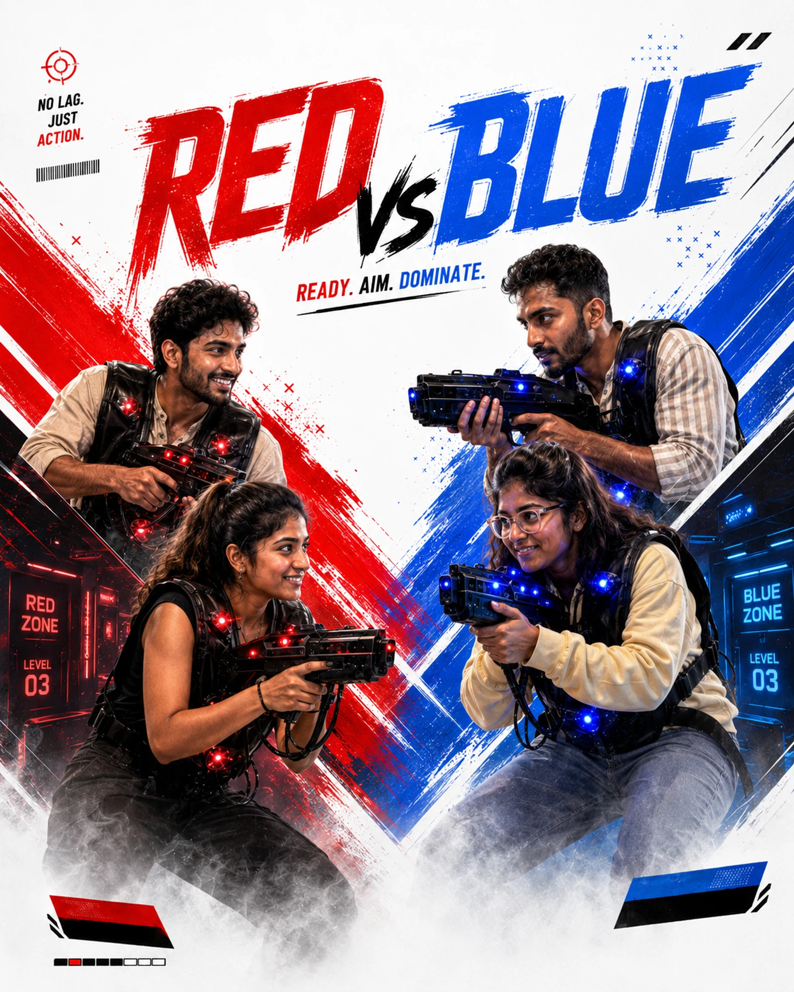 Red vs Blue laser tag promotional artwork for Gamingalaxy Whitefield Bengaluru