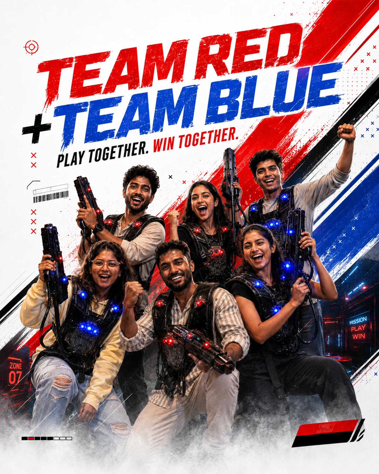 Team Red versus Team Blue laser tag group artwork for Gamingalaxy Whitefield Bengaluru
