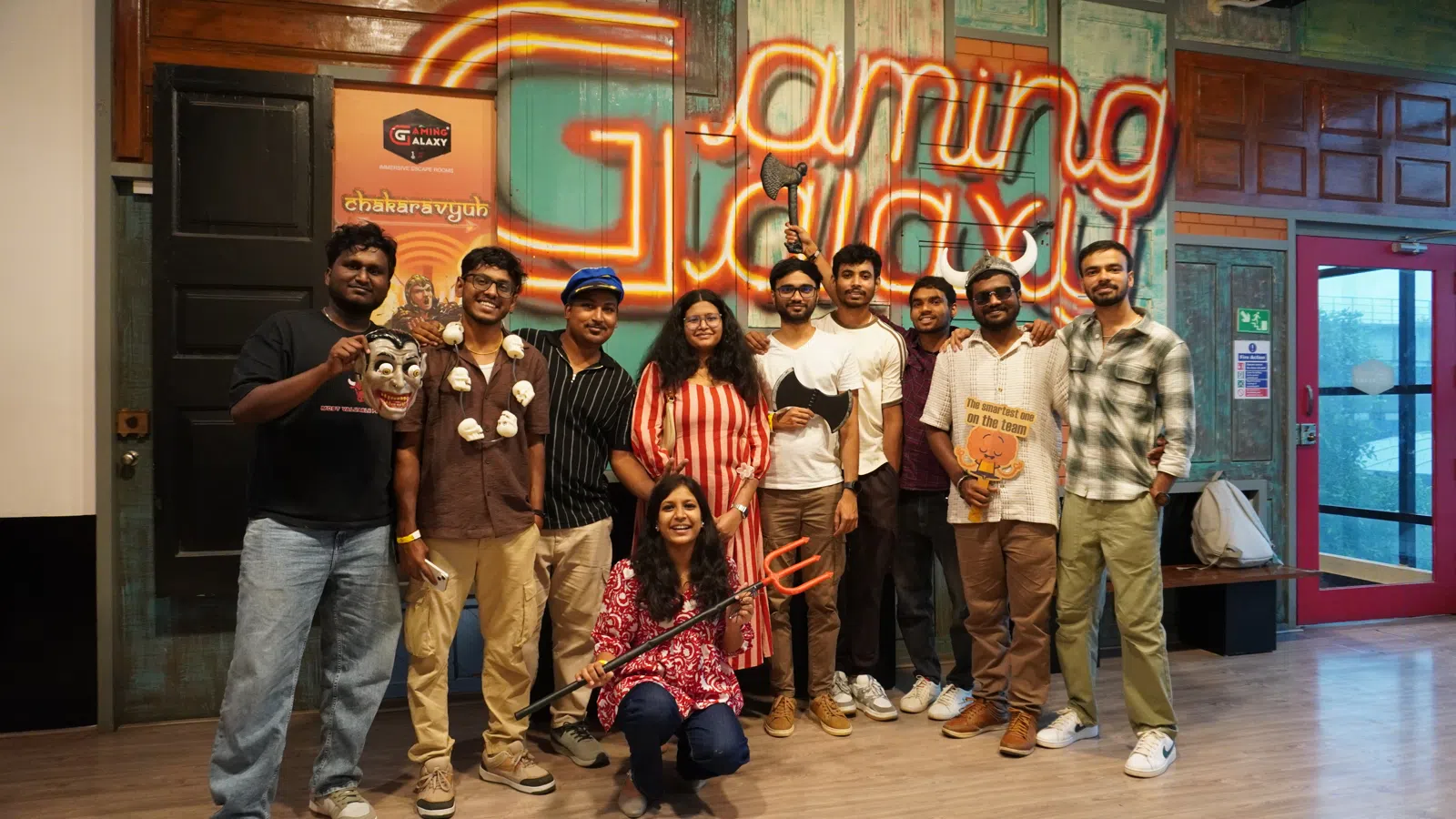 Team group photo at Gamingalaxy indoor entertainment venue in Bengaluru