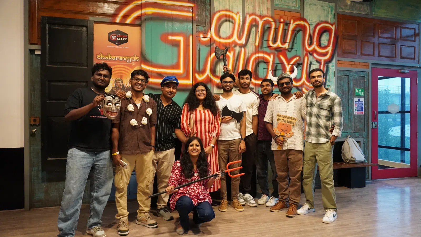 Team group photo at Gamingalaxy indoor entertainment venue in Bengaluru
