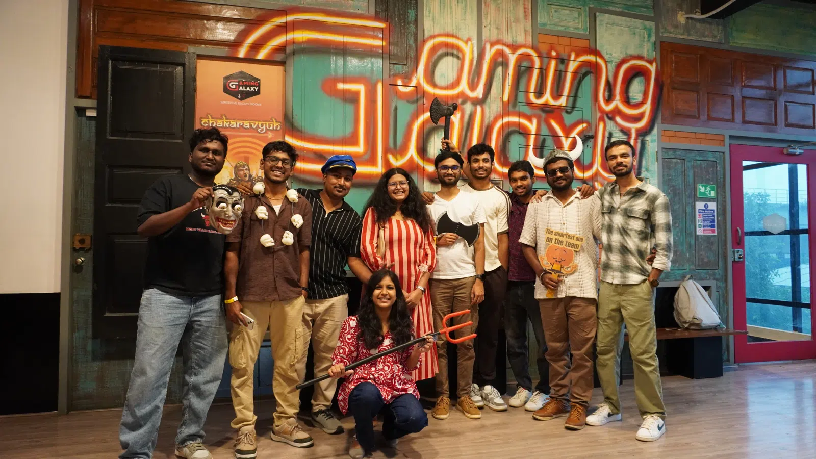 Team group photo at Gamingalaxy indoor entertainment venue in Bengaluru
